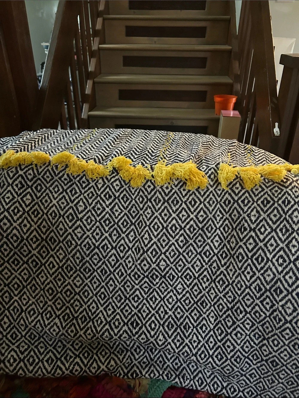 Large Navy  & White Diamond Throw Blanket with Yellow Tassels NWOT